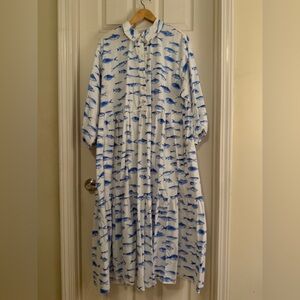 Anthropologie 'Bettina' dress by Maeve. Blue Fish Print tiered midi dress